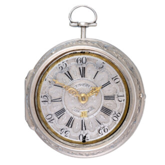 Calendar verge champleve dial in repousse pair cases Circa 1720