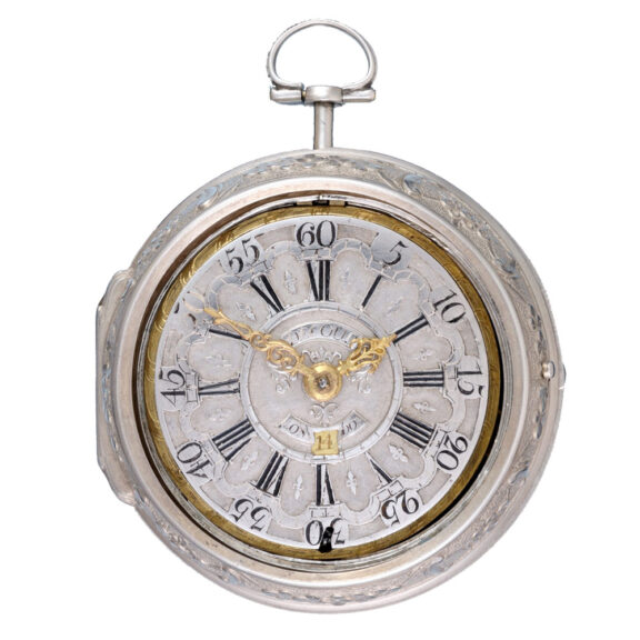 Calendar verge champleve dial in repousse pair cases Circa 1720 Calendar verge champleve dial in repousse pair cases Circa 1720
