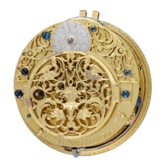 Calendar verge champleve dial in repousse pair cases Circa 1720