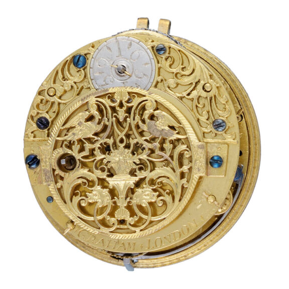 Calendar verge champleve dial in repousse pair cases Circa 1720 Calendar verge champleve dial in repousse pair cases Circa 1720
