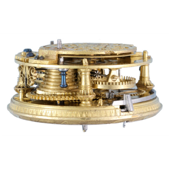 Calendar verge champleve dial in repousse pair cases Circa 1720 Calendar verge champleve dial in repousse pair cases Circa 1720