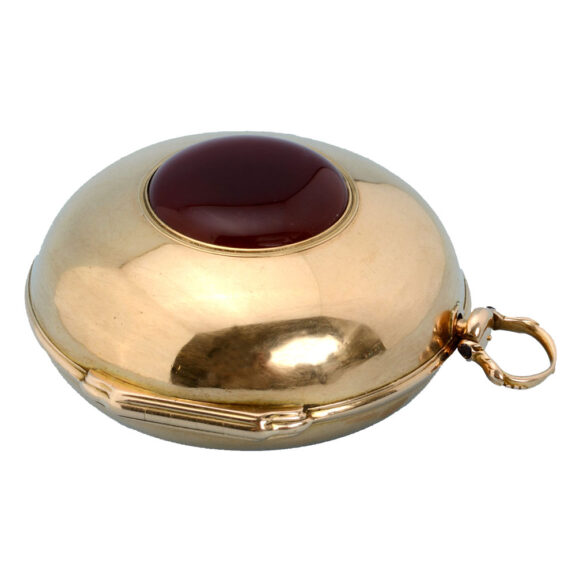 English gold verge by Windmills set with a cornelian Circa 1730 English gold verge by Windmills set with a cornelian Circa 1730