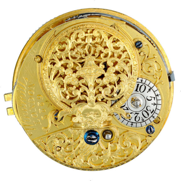 English gold verge by Windmills set with a cornelian Circa 1730 English gold verge by Windmills set with a cornelian Circa 1730