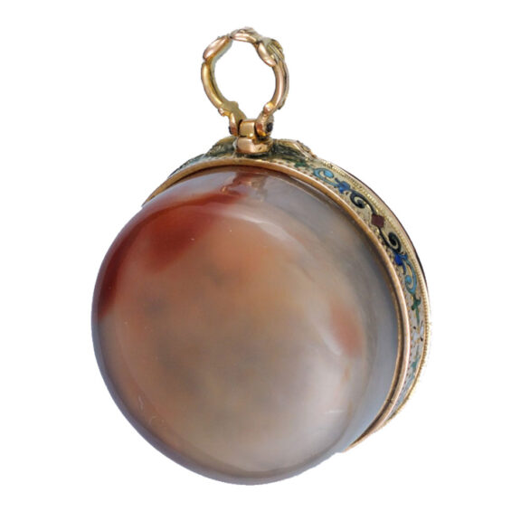 A small verge in a gold and enamel mounted agate case Circa 1740