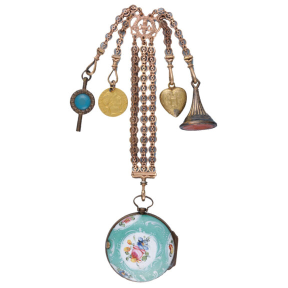 English gilt and enamel verge with matching chatelaine Circa 1760 English gilt and enamel verge with matching chatelaine Circa 1760