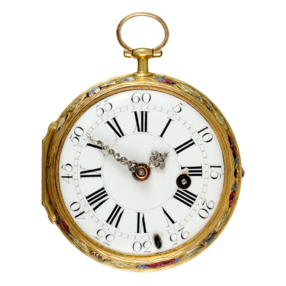Swiss verge pocket watch in a gold and enamel case Circa 1760 Swiss verge pocket watch in a gold and enamel case Circa 1760