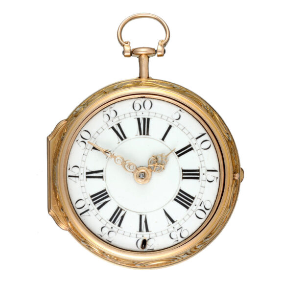 A Swiss verge pocket watch in gold repousse pair cases Circa 1760 A Swiss verge pocket watch in gold repousse pair cases Circa 1760