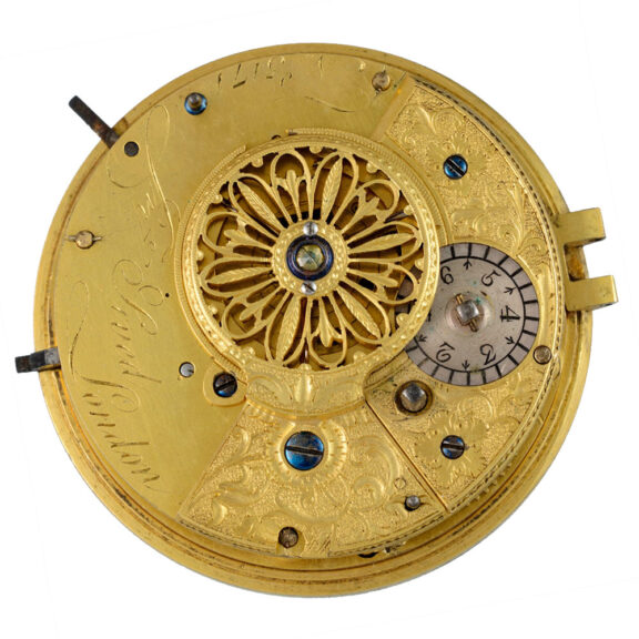 A large English centre seconds verge with calendar Circa 1760 A large English centre seconds verge with calendar Circa 1760