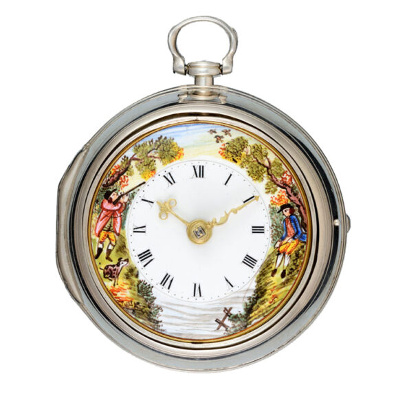 An English silver verge with a rural enamel scene Circa 1770 An English silver verge with a rural enamel scene Circa 1770