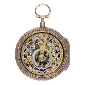 A skeletonised Swiss verge in a stone set gold case circa 1780