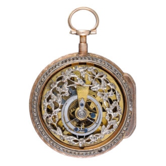 A skeletonised Swiss verge in a stone set gold case circa 1780