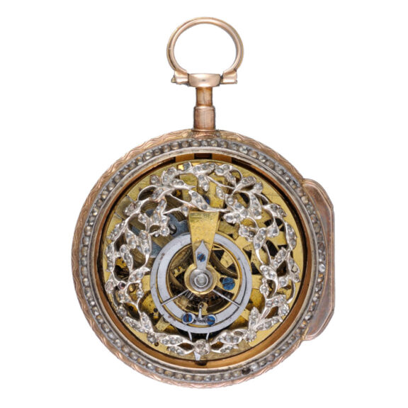 A skeletonised Swiss verge in a stone set gold case circa 1780