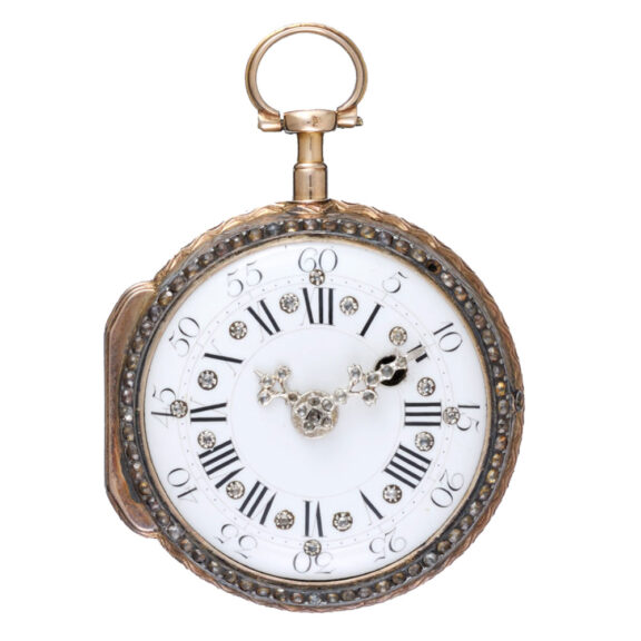 A skeletonised Swiss verge in a stone set gold case circa 1780 A skeletonised Swiss verge in a stone set gold case circa 1780