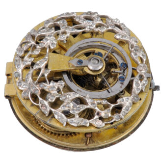 A skeletonised Swiss verge in a stone set gold case circa 1780