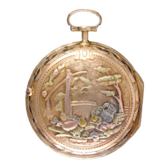 A Swiss verge in a decorative three colour gold case Circa 1780