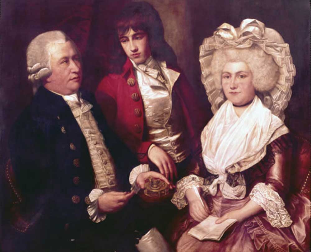Oil painting of John Arnold with his son and wife.