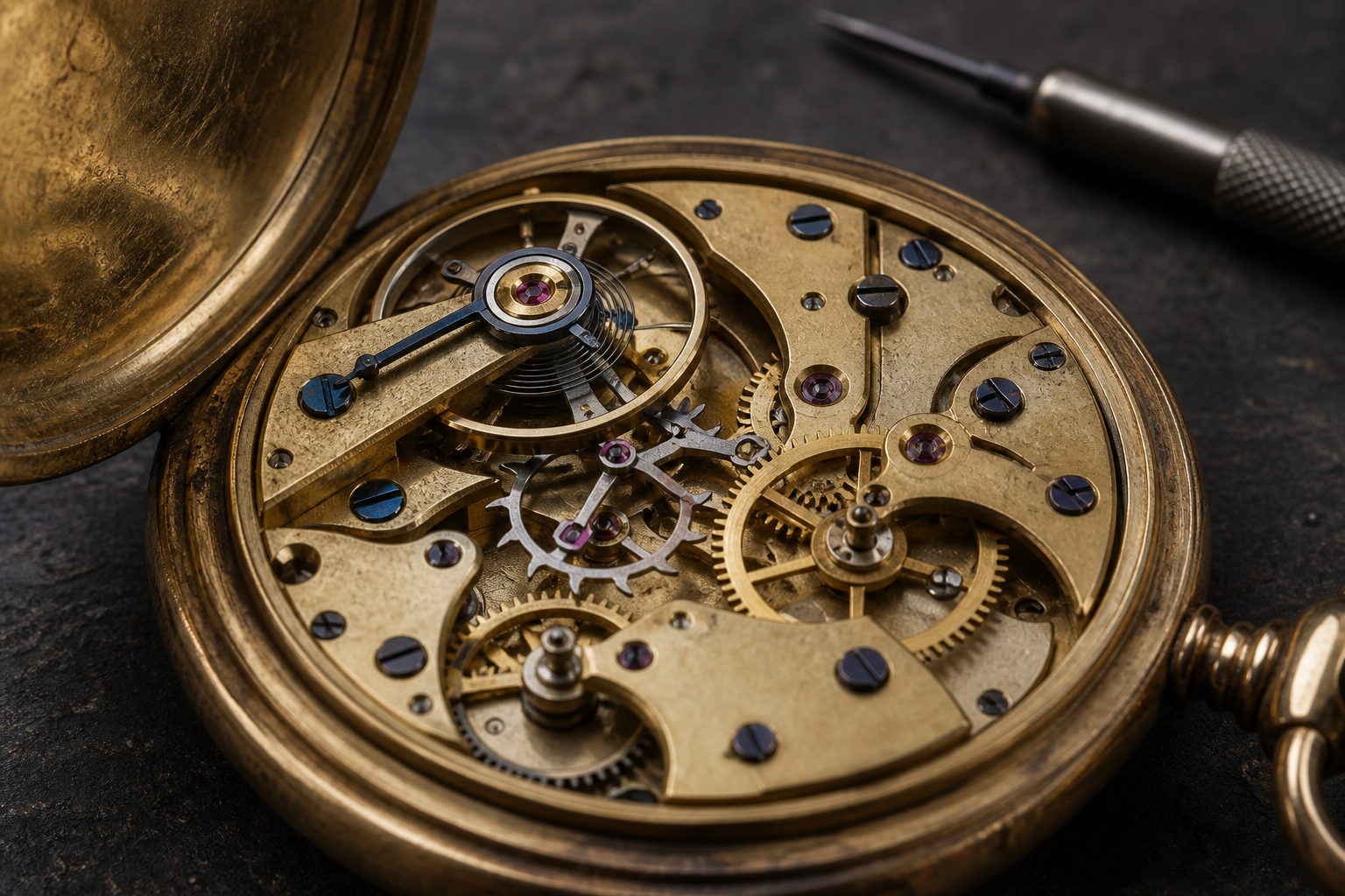 Macro view of an antique pocket watch movement showing the escapement and balance wheel