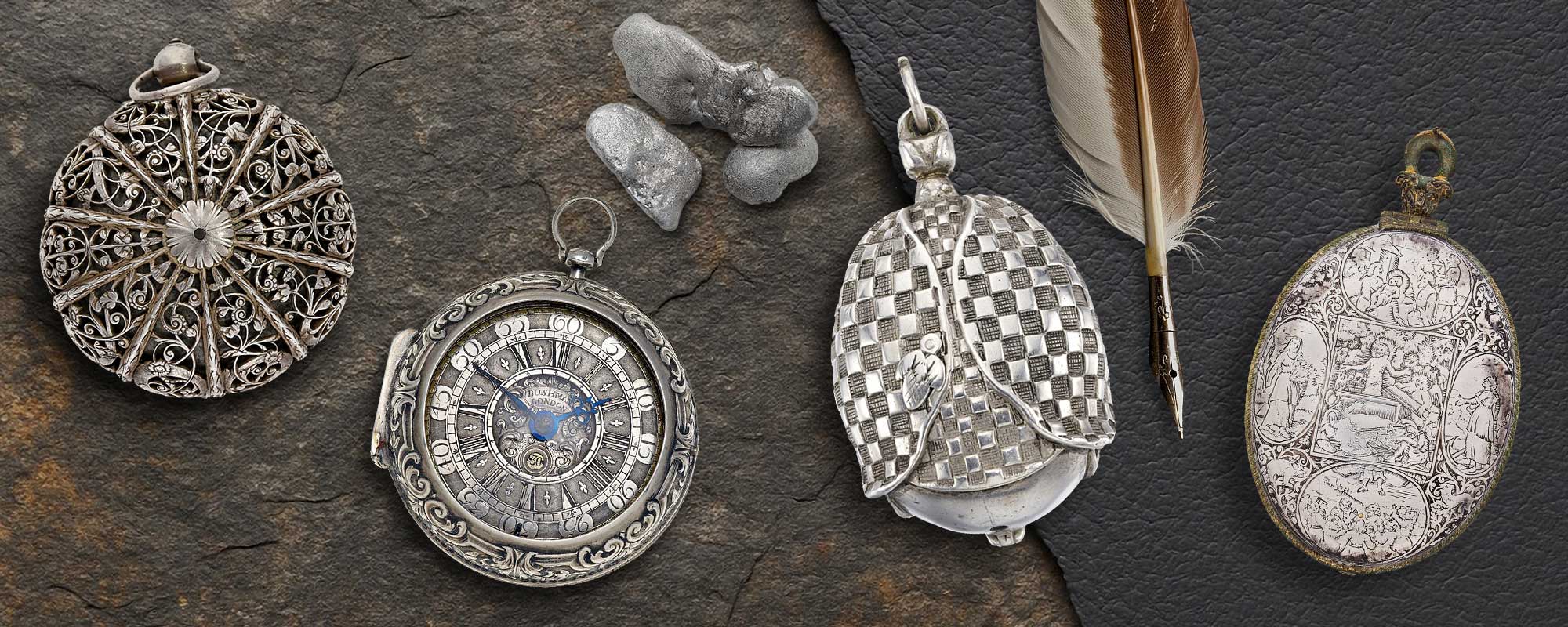 Silver case designs of antique pocket watches