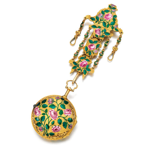 An English quarter repeating verge with chatelaine Circa 1760 An English quarter repeating verge with chatelaine Circa 1760