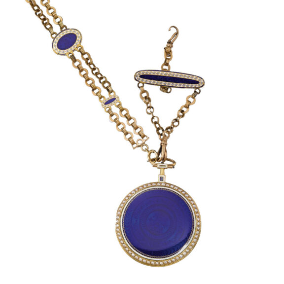 A Swiss gold enamel pearl-set watch with chatelaine Circa 1780 A Swiss gold enamel pearl-set watch with chatelaine Circa 1780