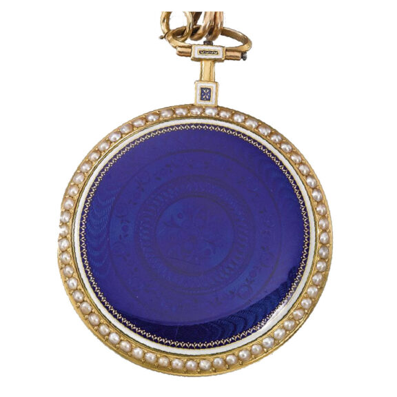 A Swiss gold enamel pearl-set watch with chatelaine Circa 1780
