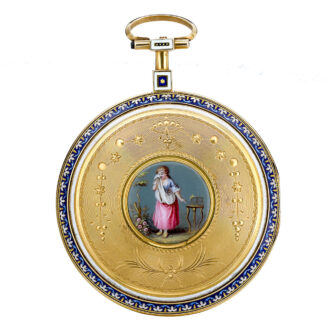 A gold Swiss open faced watch with enamel scene Circa 1780