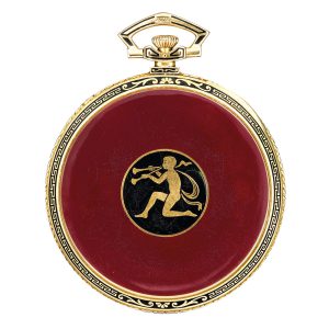 A gold Swiss enamel open faced keyless lever watch Circa 1923