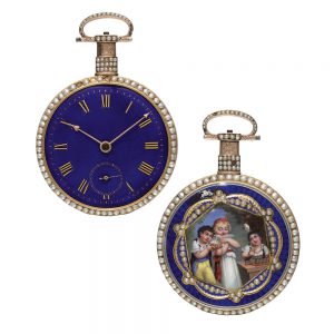 A gold and enamel Swiss pearl set duplex watch Circa 1820