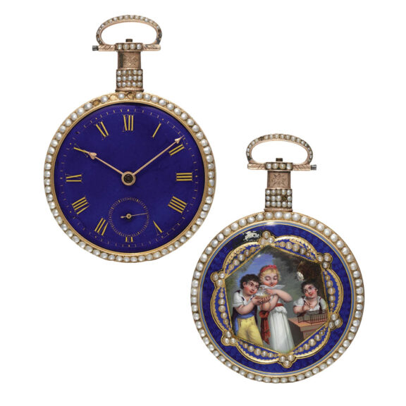 A gold and enamel Swiss pearl set duplex watch Circa 1820