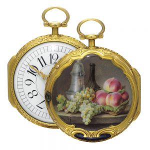 French gold double virgule watch with enamel scene Circa 1775