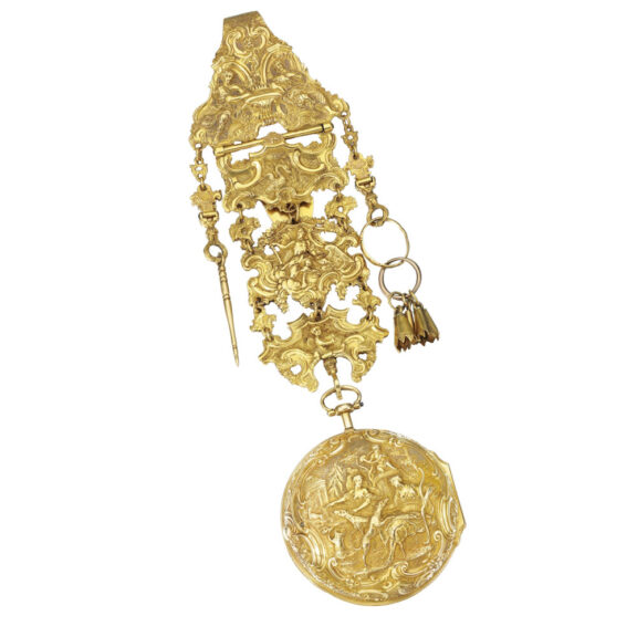 A yellow gold Dutch repoussé watch with chatelaine Circa 1758 A yellow gold Dutch repoussé watch with chatelaine Circa 1758