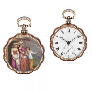 An exceptional Swiss gold, enamel, pearl set watch Circa 1800