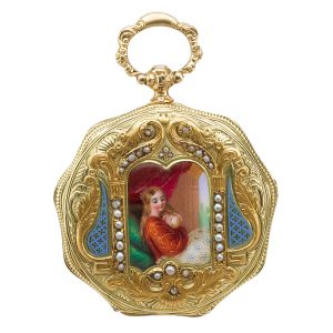 A gold Swiss enamel and pearl-set open-faced watch Circa 1820