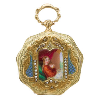 A gold Swiss enamel and pearl-set open-faced watch Circa 1820