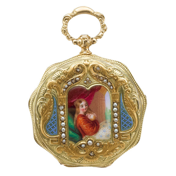 A gold Swiss enamel and pearl-set open-faced watch Circa 1820