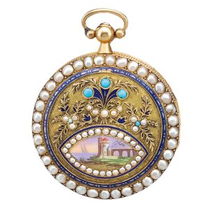 A gold Swiss enamel, pearl and turquoise-set watch Circa 1830