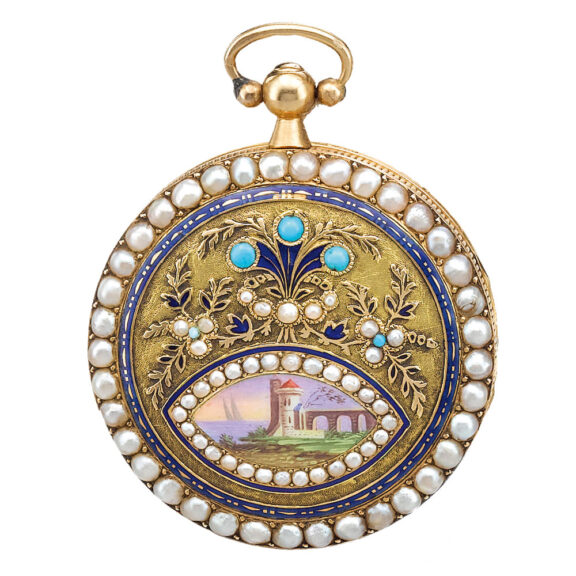 A gold Swiss enamel, pearl and turquoise-set watch Circa 1830