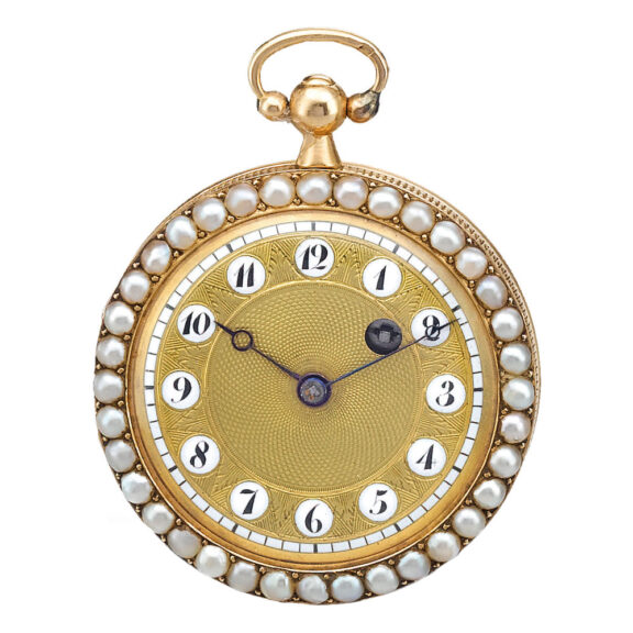 A gold Swiss enamel, pearl and turquoise-set watch Circa 1830 A gold Swiss enamel, pearl and turquoise-set watch Circa 1830