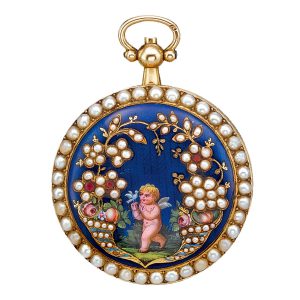 A yellow gold Swiss enamel and seed pearl fob watch Circa 1830