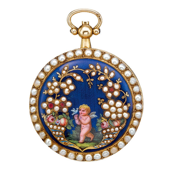 A yellow gold Swiss enamel and seed pearl fob watch Circa 1830
