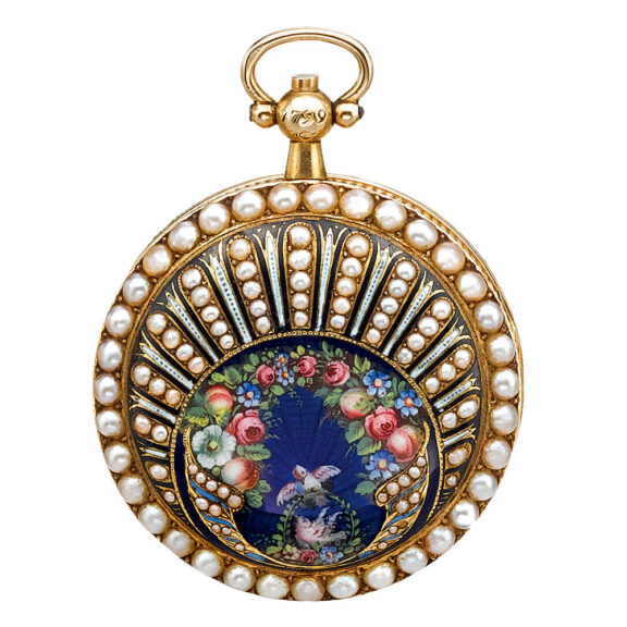 A yellow gold Swiss enamel and seed pearl fob watch Circa 1830 A yellow gold Swiss enamel and seed pearl fob watch Circa 1830