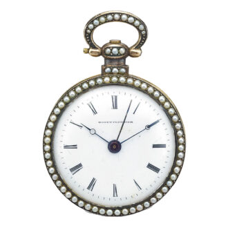 A gilt Swiss enamel, pearl-set center seconds watch Circa 1860