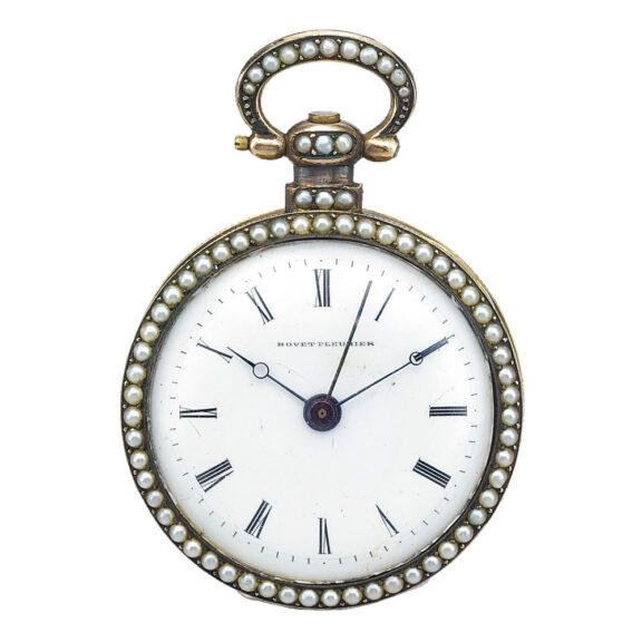 A gilt Swiss enamel, pearl-set center seconds watch Circa 1860 A gilt Swiss enamel, pearl-set center seconds watch Circa 1860