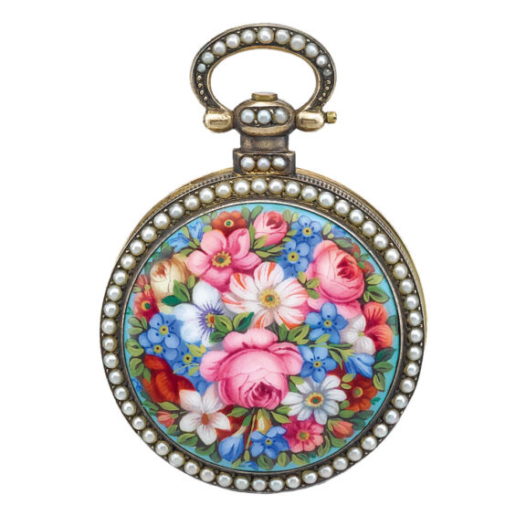 A gilt Swiss enamel, pearl-set center seconds watch Circa 1860
