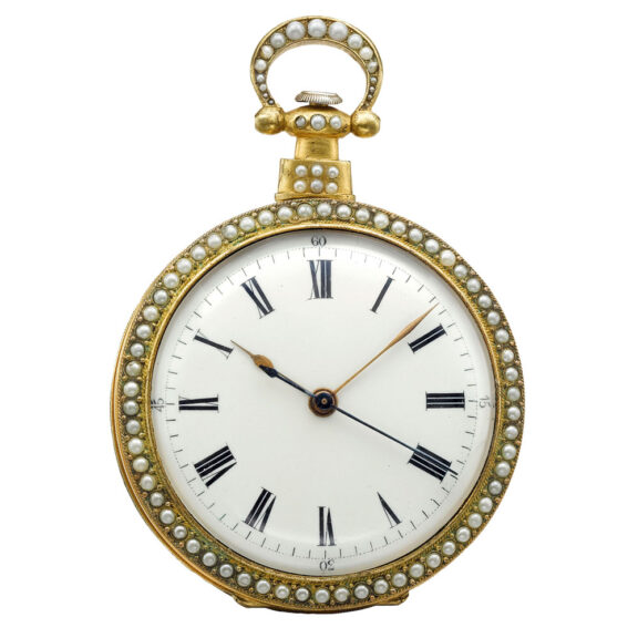A gold Swiss enamel, pearl-set center seconds watch Circa 1880 A gold Swiss enamel, pearl-set center seconds watch Circa 1880
