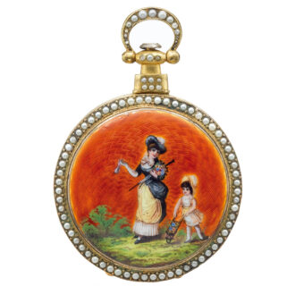 A gold Swiss enamel, pearl-set center seconds watch Circa 1880