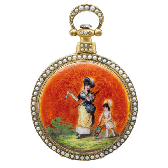 A gold Swiss enamel, pearl-set center seconds watch Circa 1880