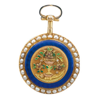 A gold French enamel and pearl set open faced watch Circa 1780