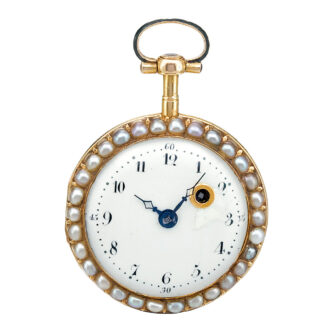 A gold French enamel and pearl set open faced watch Circa 1780
