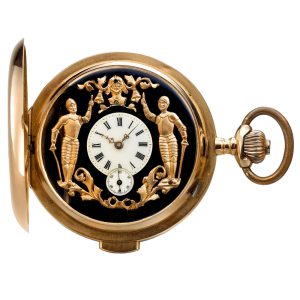 A gold Swiss quarter repeating watch with automata Circa 1900